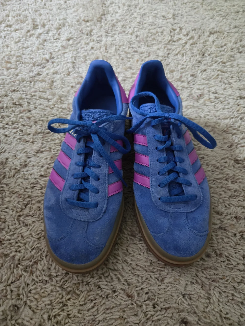 Adidas Women’s Blue Suede Sneakers with Pink Stripes